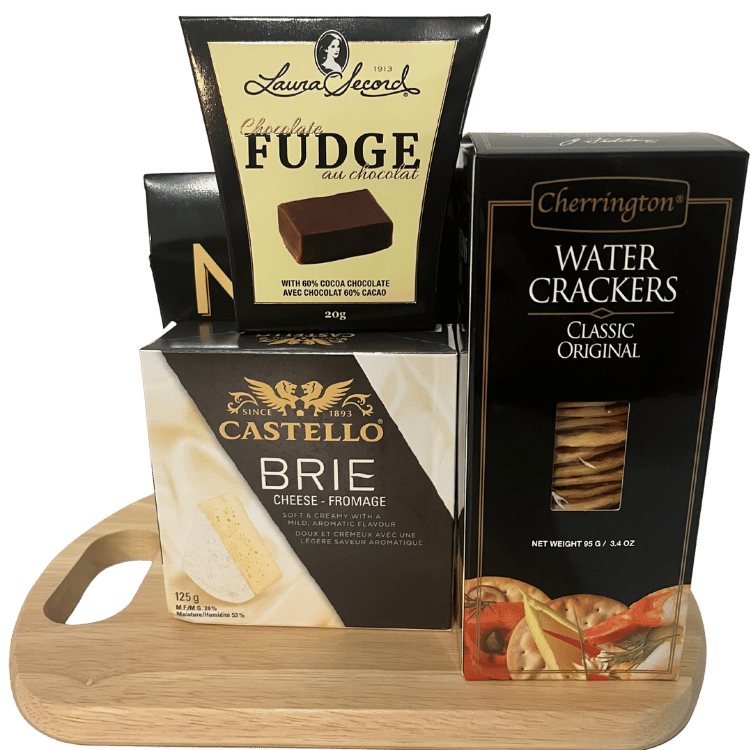 Delectable Delights gift basket featuring bamboo cheese board with crackers, Brie, fudge and nuts.