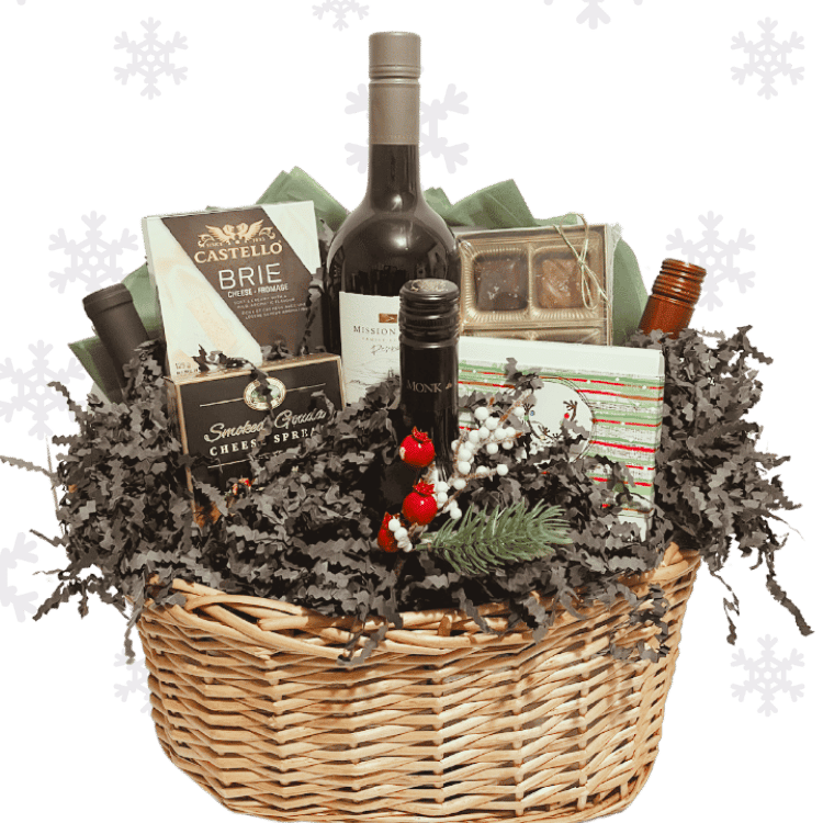elegant holiday wine gift basket with four wine bottles, brie, gouda, crackers, and chocolate truffles in festive packaging