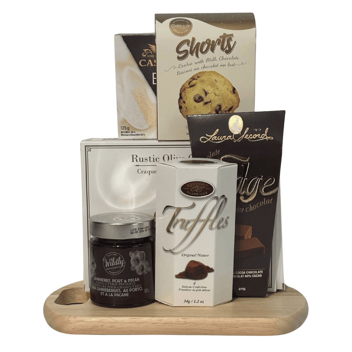 Merry & Bright holiday gift basket with gourmet snacks and festive Christmas treats