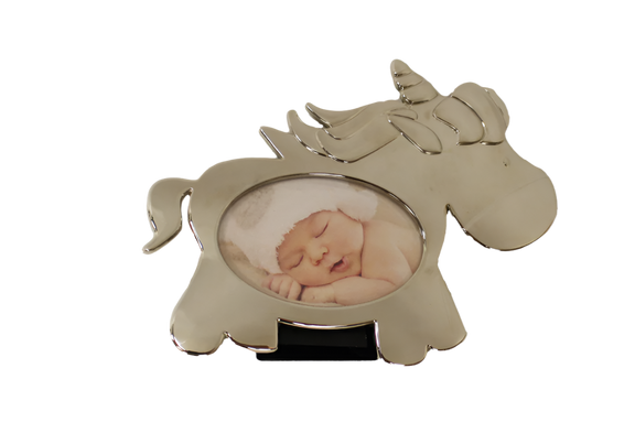 “Splash” Silver Unicorn Baby Picture Frame displayed with gift-ready packaging, polished silver finish and whimsical design