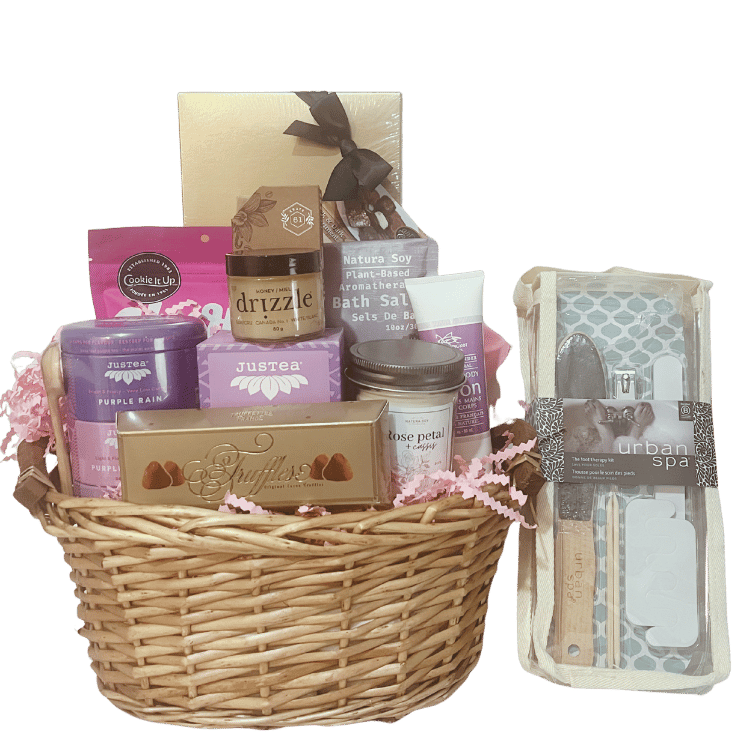 Steep and Soak spa gift basket, elite sized with tea, bath soak, candle and chocolates arranged for self care, birthdays and Mother’s Day in Calgary
