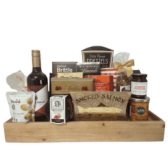 Wine & Gourmet Entertainer Board with wine, cheeses, salmon, spreads, nuts, chocolates, and gourmet treats, displayed on a keepsake wine glass shelf board.