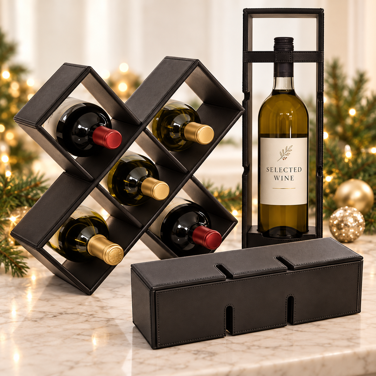 Convertible wine case opened as a five-bottle wine rack for the Holiday Uptown Wine Box