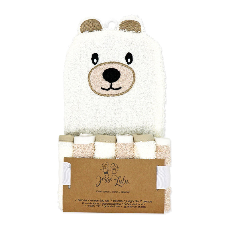 Ivory Bear baby bath mitt and washcloth set in gift packaging — features cozy ivory bear mitt and six cream washcloths.
