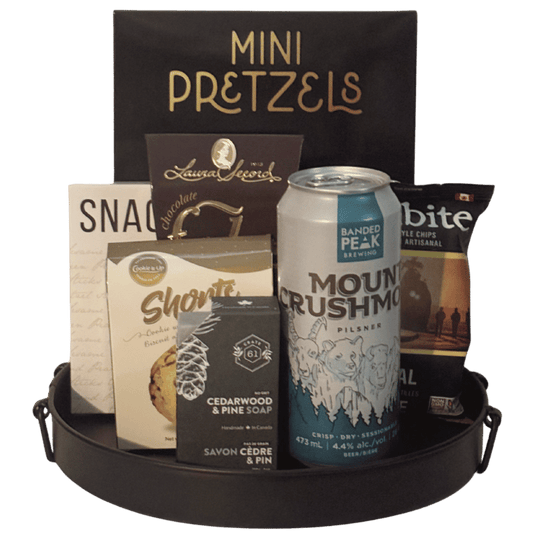 After Hours craft beer gift basket with local Calgary beer, gourmet snacks, fudge and artisan soap