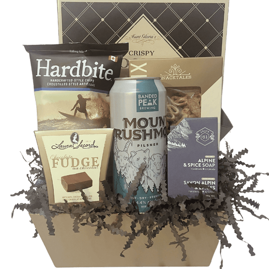 After Hours Craft Beer Gift Basket featuring local craft beer, gourmet snacks, artisan soap, cookies, chips and fudge