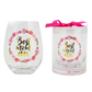 Stemless wine glass featuring 'Best Mom Ever' surrounded by pink flowers, in a decorative container with a bow.