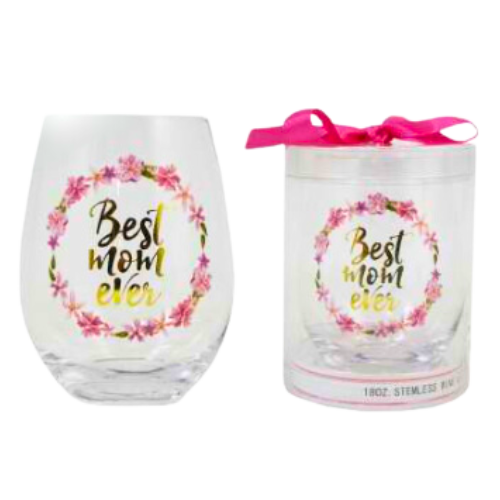 “Best Mom Ever” 18 oz stemless wine glass in a clear gift box with a pink satin bow