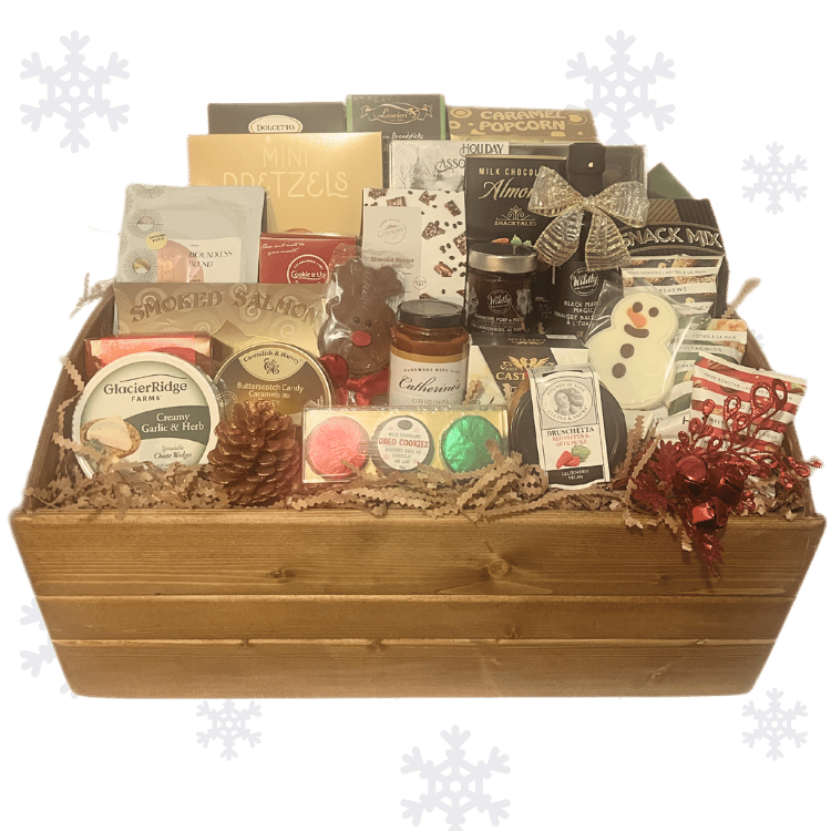Luxury Holiday gift basket with various items including snacks and a snowman chocolate