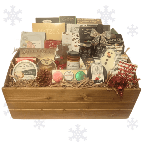 Luxury Holiday gift basket with various items including snacks and a snowman chocolate