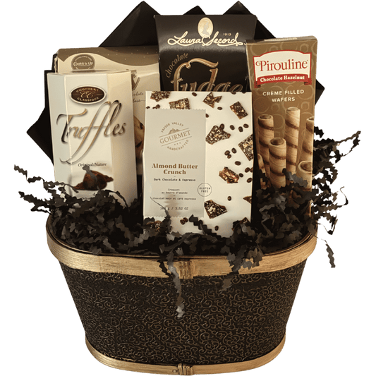 Chocolate Decadence Gift Basket with gourmet chocolates, fudge, truffles and cookies in an elegant black and gold basket