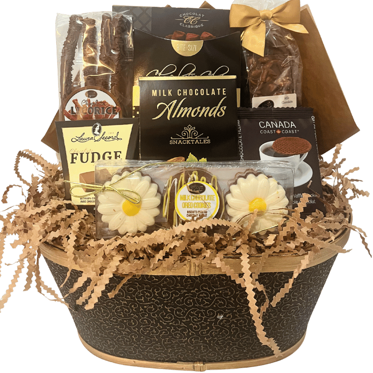 A chocolate-themed gift brimming with truffles, bars, and cookies. The deluxe version features an elegant box of Andea Heritage Chocolates. Presented in a decorative black and gold base.