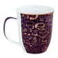 White ceramic coffee mug adorned with black and copper coffee-themed designs, including words like 'java' and 'fresh,' and illustrated with various coffee images.