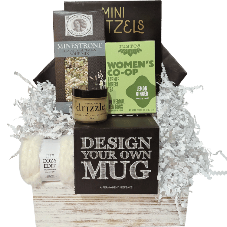 Comfort & Care get well gift basket with soup, tea, honey, cozy socks and design-your-own mug