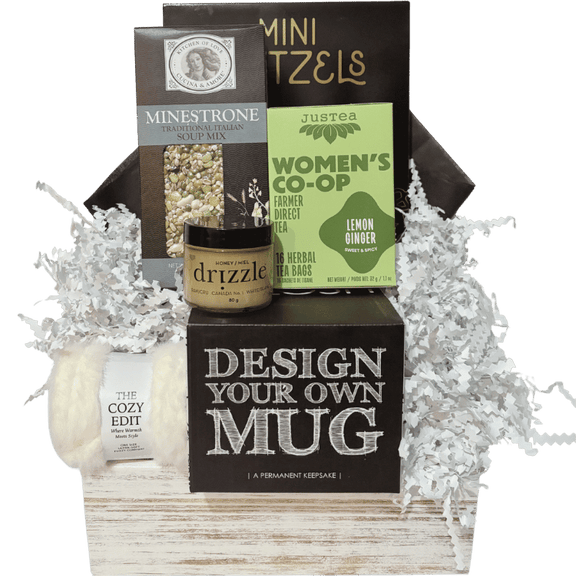 Comfort & Care get well gift basket with soup, tea, honey, cozy socks and design-your-own mug