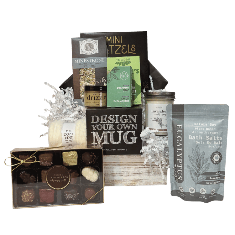 Elite Comfort & Care gift basket with chocolates, bath salts, candle, soup, tea and cozy comforts