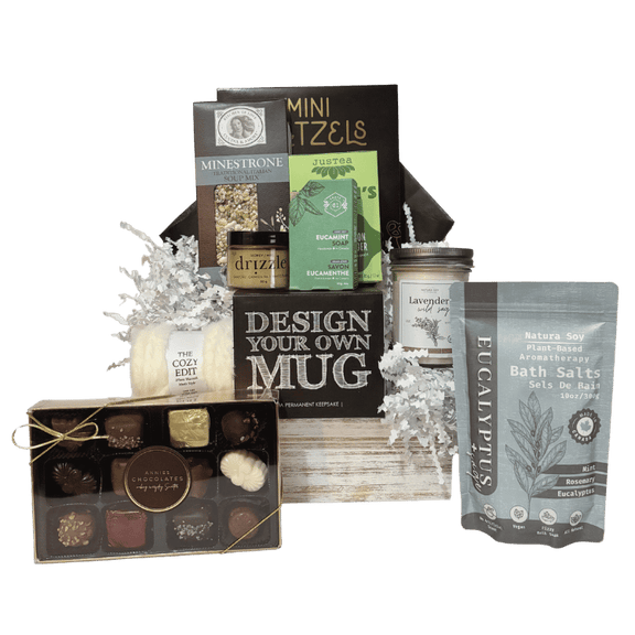 Elite Comfort & Care gift basket with chocolates, bath salts, candle, soup, tea and cozy comforts