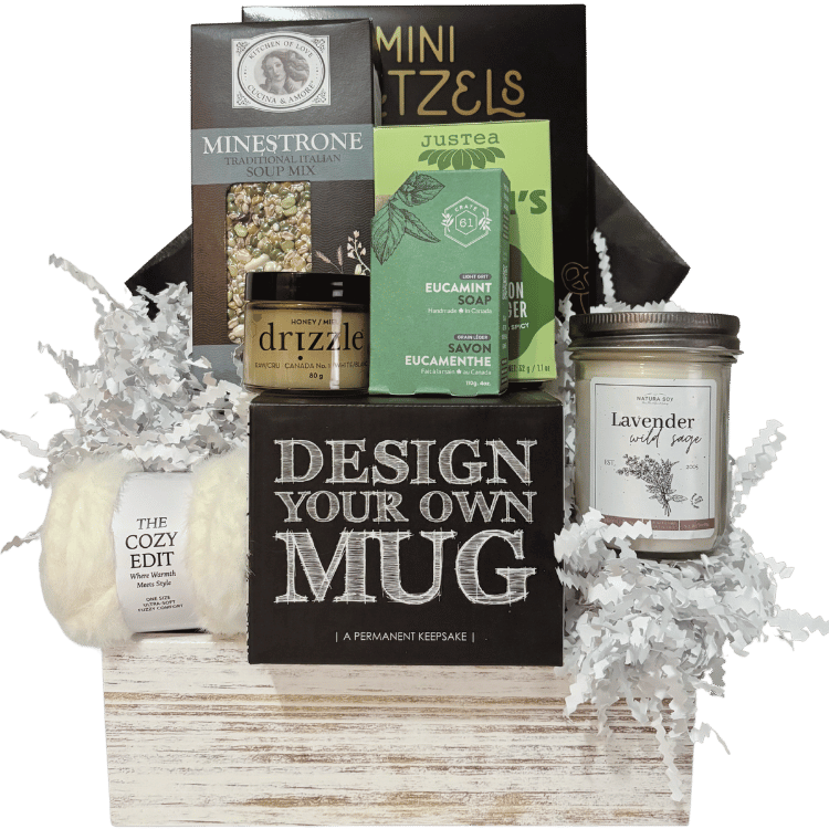 Premium Comfort & Care gift basket with soup, tea, cozy socks, candle, natural soap and design-your-own mug