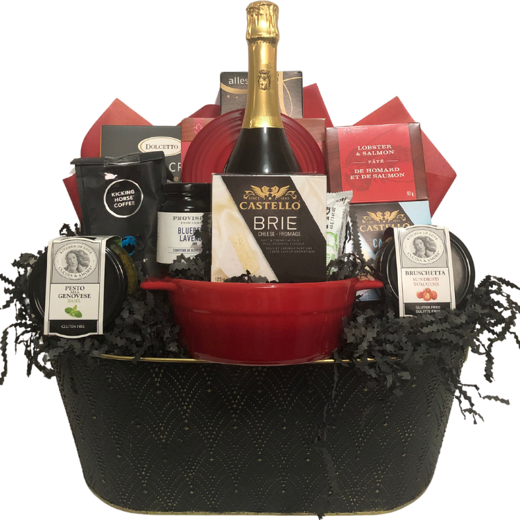 Comforts of Home Gift Basket with red marble brie baker, brie, camembert, coffee, pasta, salmon, honey, and gourmet treats.