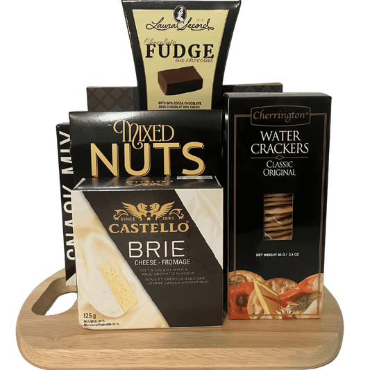 Delectable Delights gift basket featuring bamboo cheese board with crackers, Brie, fudge, nuts and chocolate truffles.