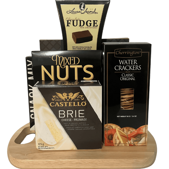 Delectable Delights gift basket featuring bamboo cheese board with crackers, Brie, fudge, nuts and chocolate truffles.