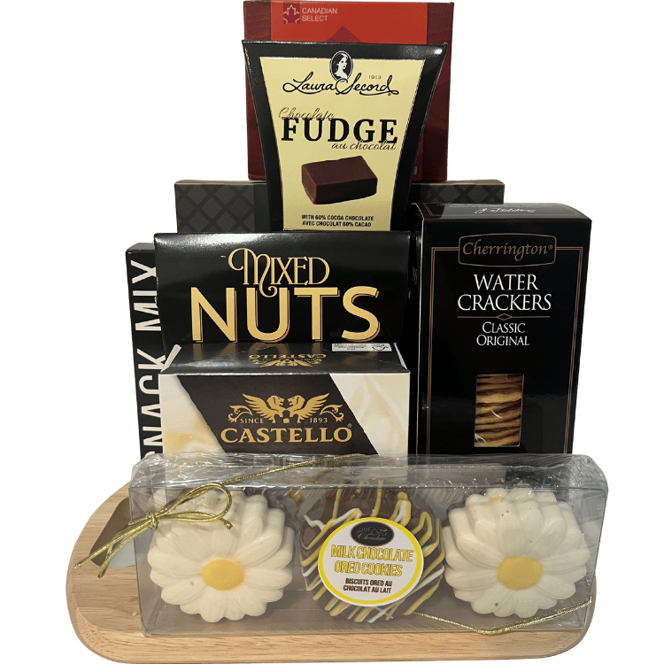 Delectable Delights gift basket featuring bamboo cheese board with crackers, Brie, fudge, nuts, chocolate truffles, salmon pate, and chocolate-covered Oreos