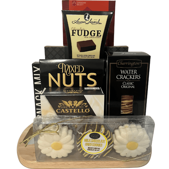 Delectable Delights gift basket featuring bamboo cheese board with crackers, Brie, fudge, nuts, chocolate truffles, salmon pate, and chocolate-covered Oreos