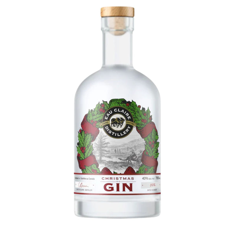 A 750 ml bottle of Eau Claire Distillery's Christmas Gin on white background.