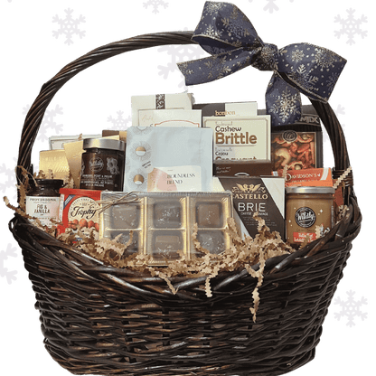 Premium Holiday Gift basket with sweet and savoury treats on a transparent background with snowflake decorations.