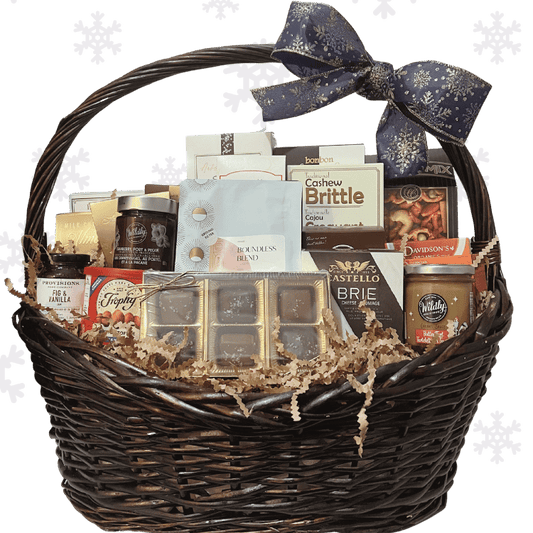 Premium Holiday Gift basket with sweet and savoury treats on a transparent background with snowflake decorations.