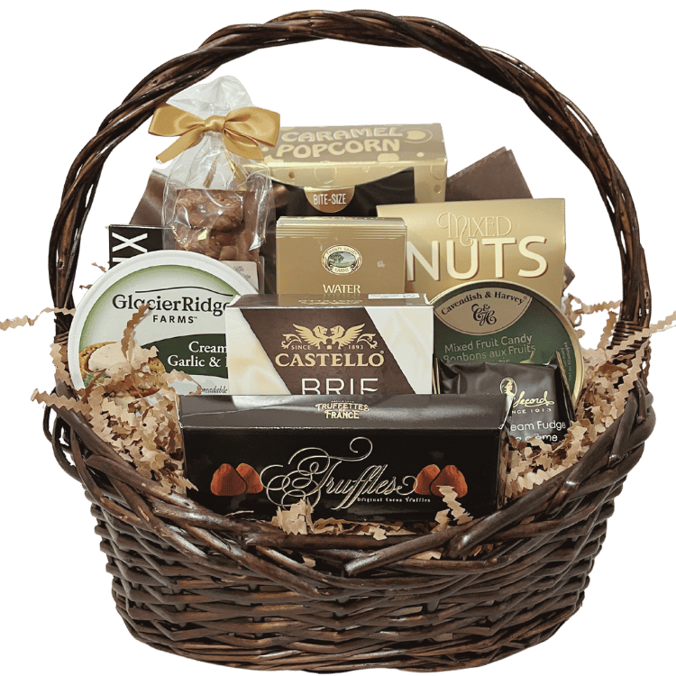 The Gourmet Feast Gift Basket filled with cheese, crackers, truffles, nuts, and cookies, elegantly displayed in a wicker basket to show contents