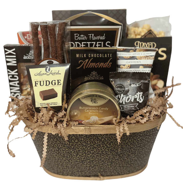 Premium gift basket with black and gold coloured splitwood base, unwrapped photo displays shareable treats including popcorn, cookies, nuts, and chocolates, arranged with a clean, professional presentation.