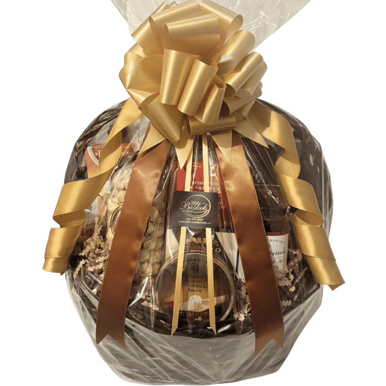 Luxury gourmet gift basket featuring artisan cheeses, smoked salmon pâté, handcrafted chocolates, gourmet crackers, specialty coffee, premium tea, popcorn, preserves, and entertaining favourites, beautifully presented for local Calgary gift delivery.