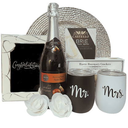 Non-alcoholic engagement gift with sparkling organic juice, cheese and crackers, and customizable wine tumblers for all couples