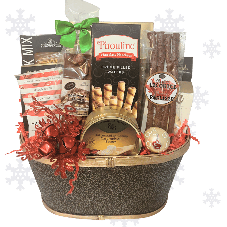 Holiday Gourmet Snacker Gift basket with assorted snacks and candies on a white background with snowflake decorations