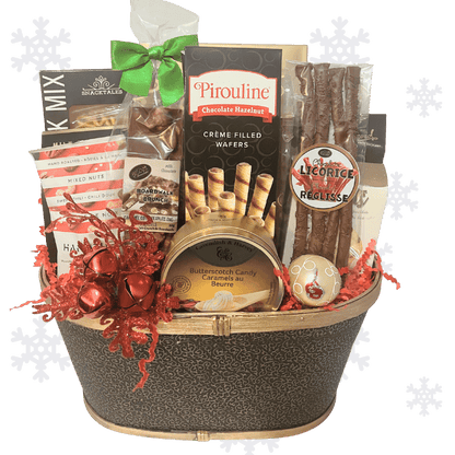Holiday Gourmet Snacker Gift basket with assorted snacks and candies on a white background with snowflake decorations