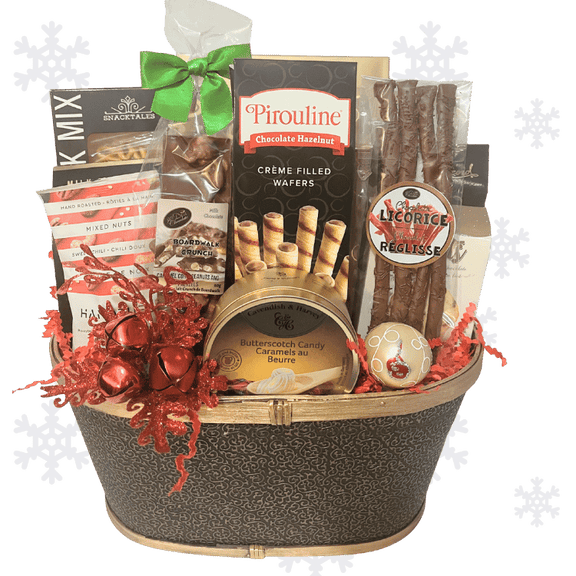 Holiday Gourmet Snacker Gift basket with assorted snacks and candies on a white background with snowflake decorations