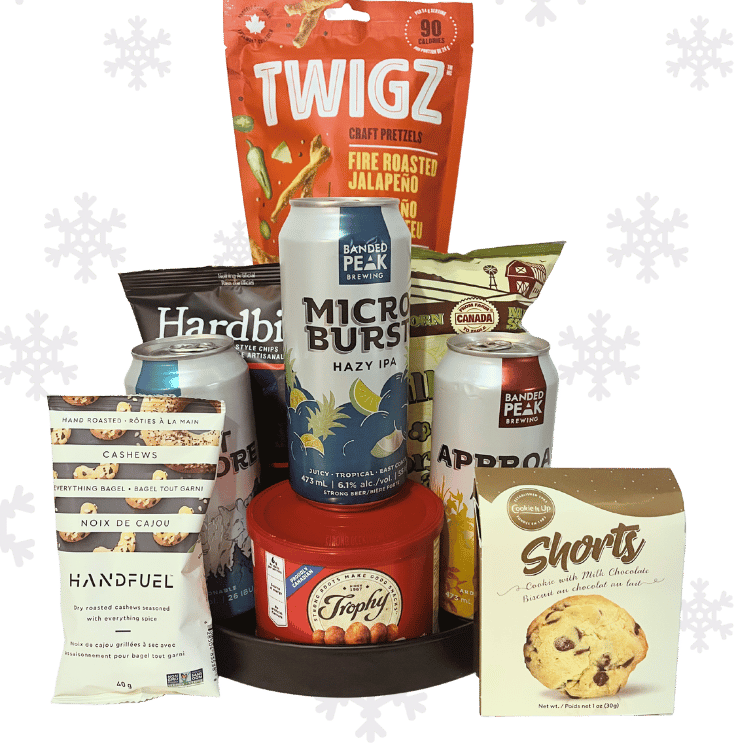Holiday Craft Beer & Snacks Gift Basket in standard size, arranged with tall local craft beers, gourmet snacks, and festive seasonal accents.