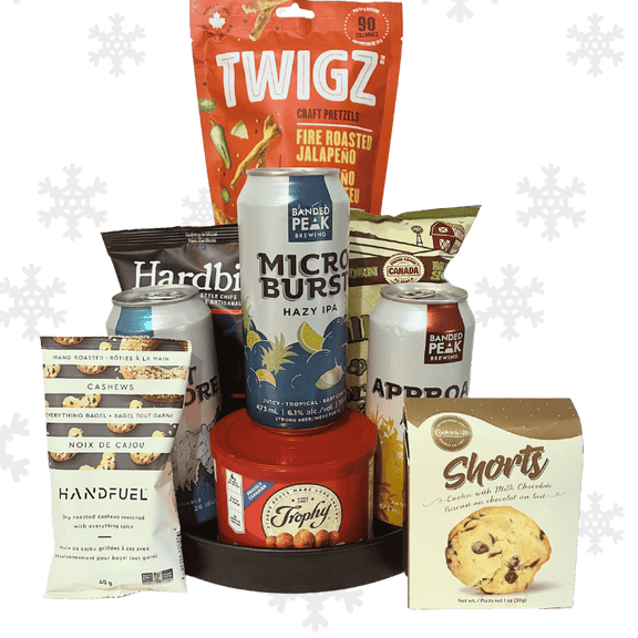 Holiday Craft Beer & Snacks Gift Basket in standard size, arranged with tall local craft beers, gourmet snacks, and festive seasonal accents.