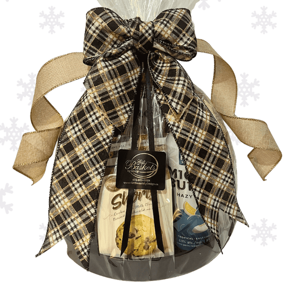 Holiday Craft Beer & Snacks Gift Basket arranged with tall local craft beers, gourmet snacks, and festive seasonal accents, with gold and black plaid ribbon and bow.