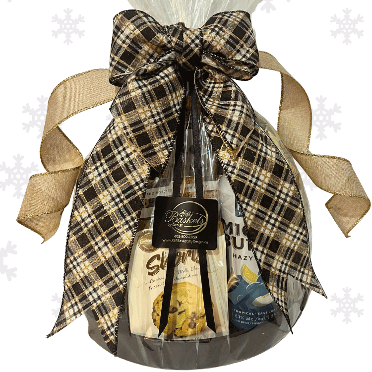 Holiday Craft Beer & Snacks Gift Basket arranged with tall local craft beers, gourmet snacks, and festive seasonal accents, with gold and black plaid ribbon and bow.