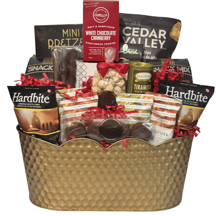 Elite Holiday Gourmet Snacker gift basket with premium sweet and savoury treats in gold basket in Calgary