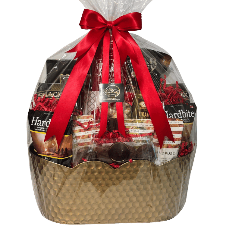 Holiday Gourmet Snacker gift basket wrapped with red ribbon in Calgary