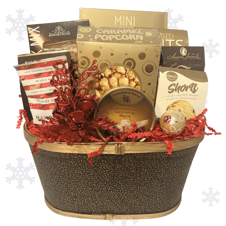 Holiday Gourmet Snacker gift basket with popcorn, cookies, and other treats on a white background