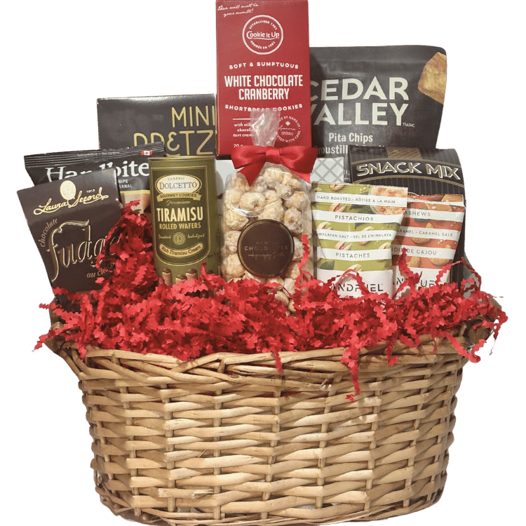 Holiday Gourmet Snacker premium Christmas gift basket with sweet and savoury treats in Calgary