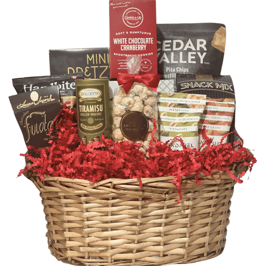 Holiday Gourmet Snacker premium Christmas gift basket with sweet and savoury treats in Calgary