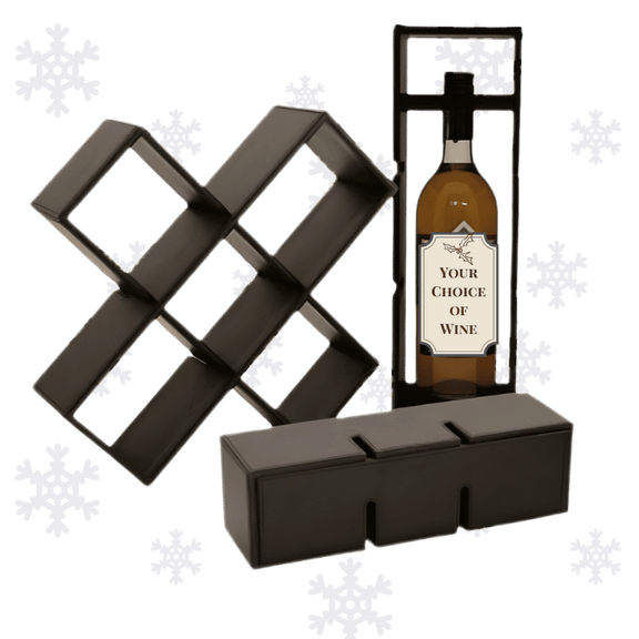 Wine rack with a bottle labeled 'Your Choice of Wine' on a green background with snowflakes.