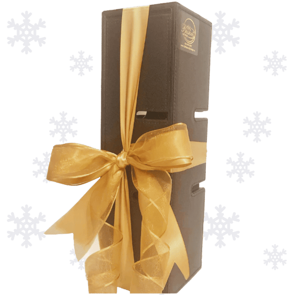 Premium leather wine case filled with selected bottle of wine, elegant holiday presentation, corporate gift setting.