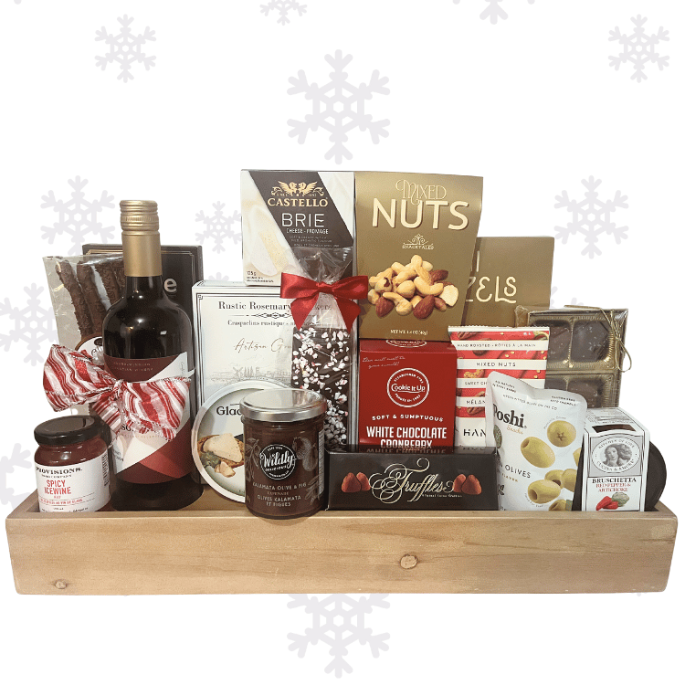 Holiday Wine & Delectables Gift Board Elite tier with added licorice, spicy icewine jelly, and gourmet bruschetta.