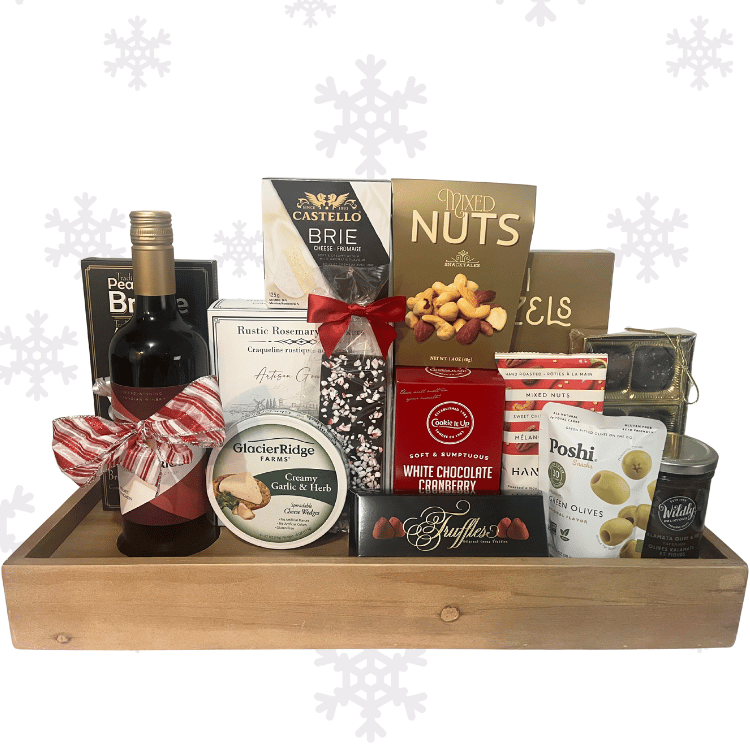 Holiday Wine & Delectables Gift Board Premium tier with added brie, olives, brittle, and truffles.